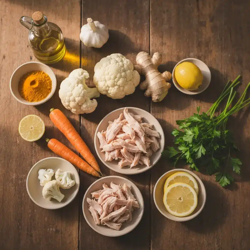 anti-inflammatory cauliflower chicken soup ingredients flat lay