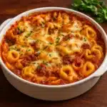 Beefy Tortellini Bake fresh out of the oven with golden cheese