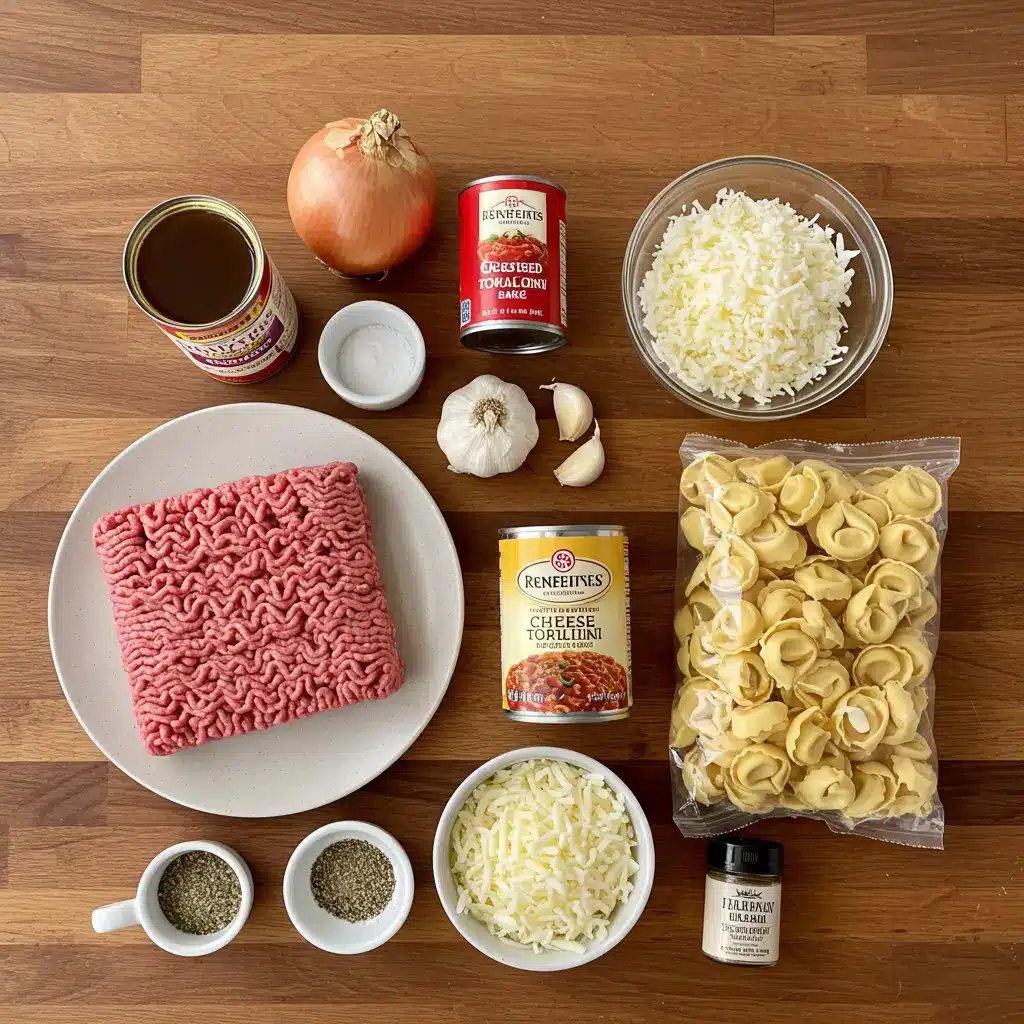 Beefy Tortellini Bake ingredients displayed on a counter