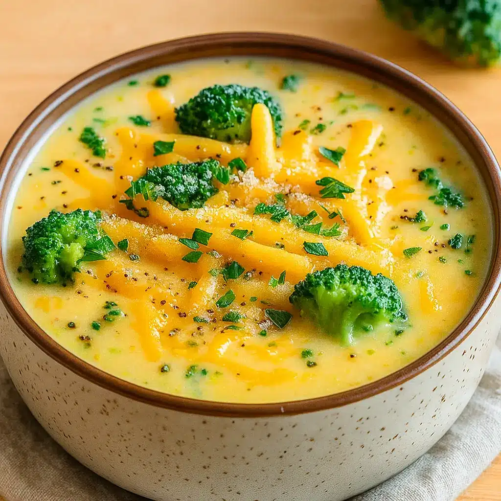Broccoli Cheese Soup in a rustic bowl with cheddar and bread
