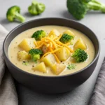 Broccoli Potato Cheese Soup served hot in a black bowl with cheddar and veggies