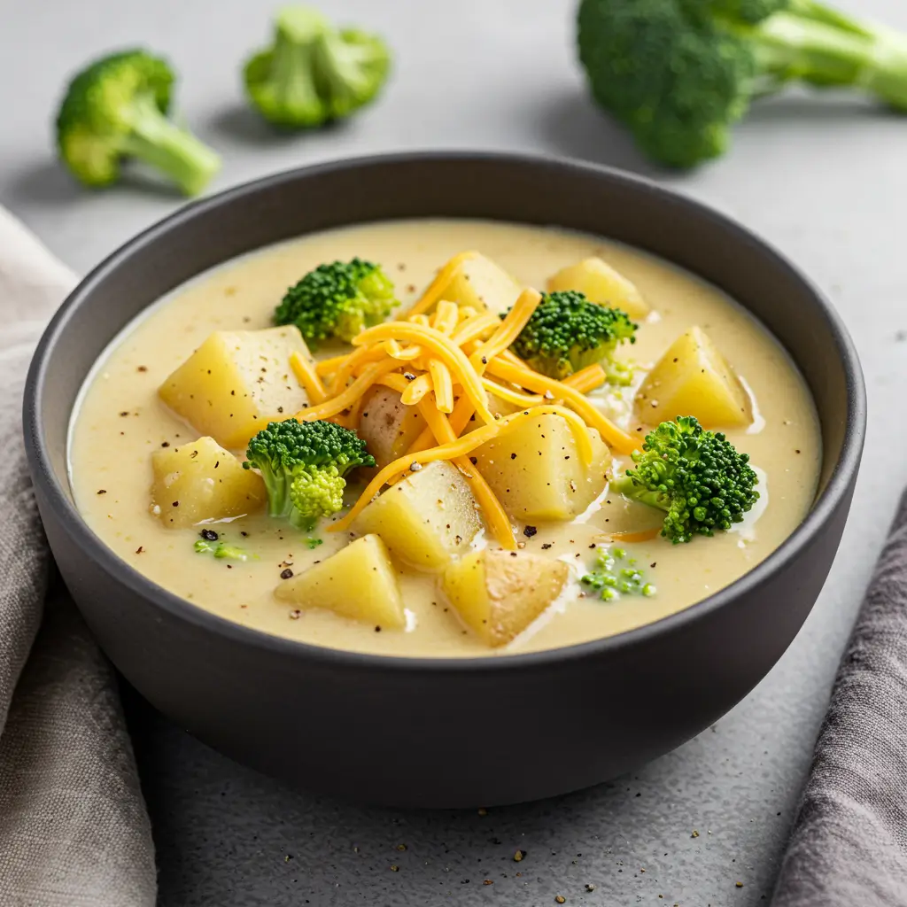 Broccoli Potato Cheese Soup served hot in a black bowl with cheddar and veggies