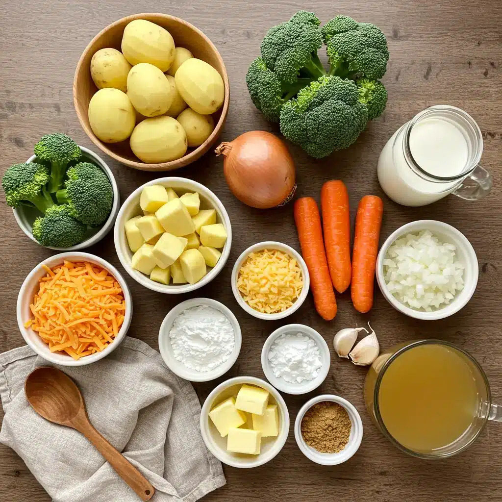 Ingredients for Broccoli Potato Cheese Soup on a rustic table