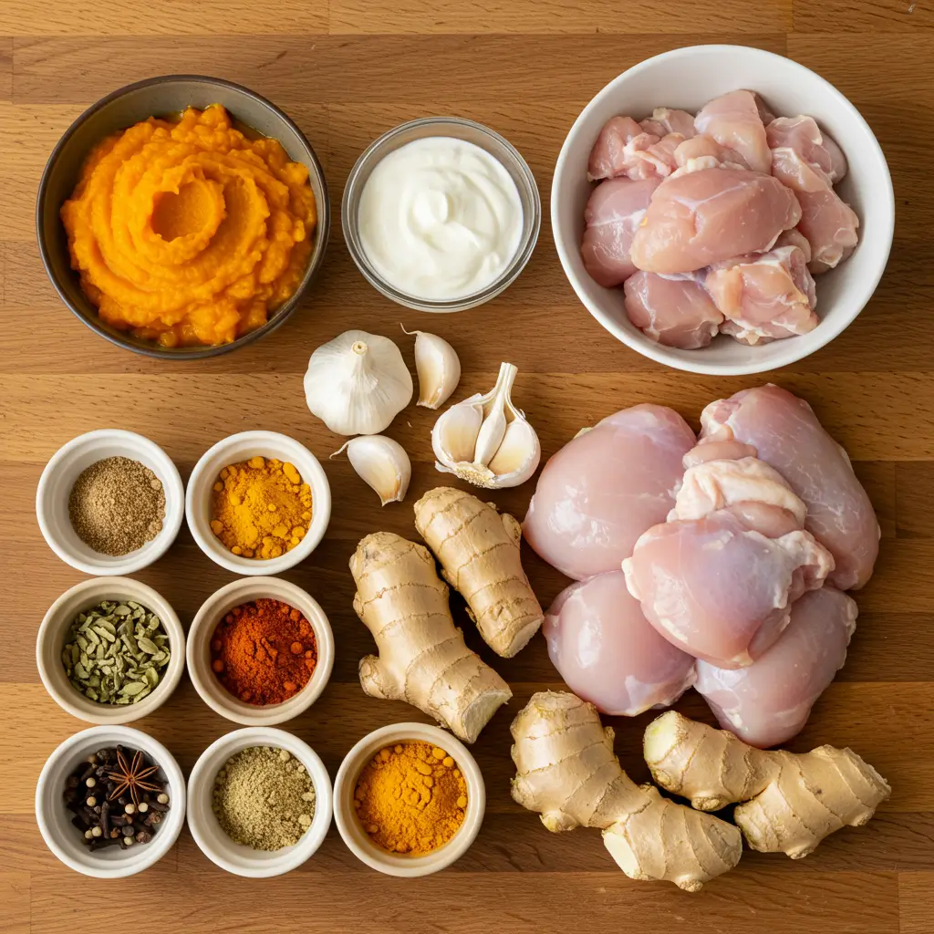 butter chicken pumpkin curry ingredients on counter