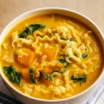 butternut squash lasagna soup with mozzarella and kale