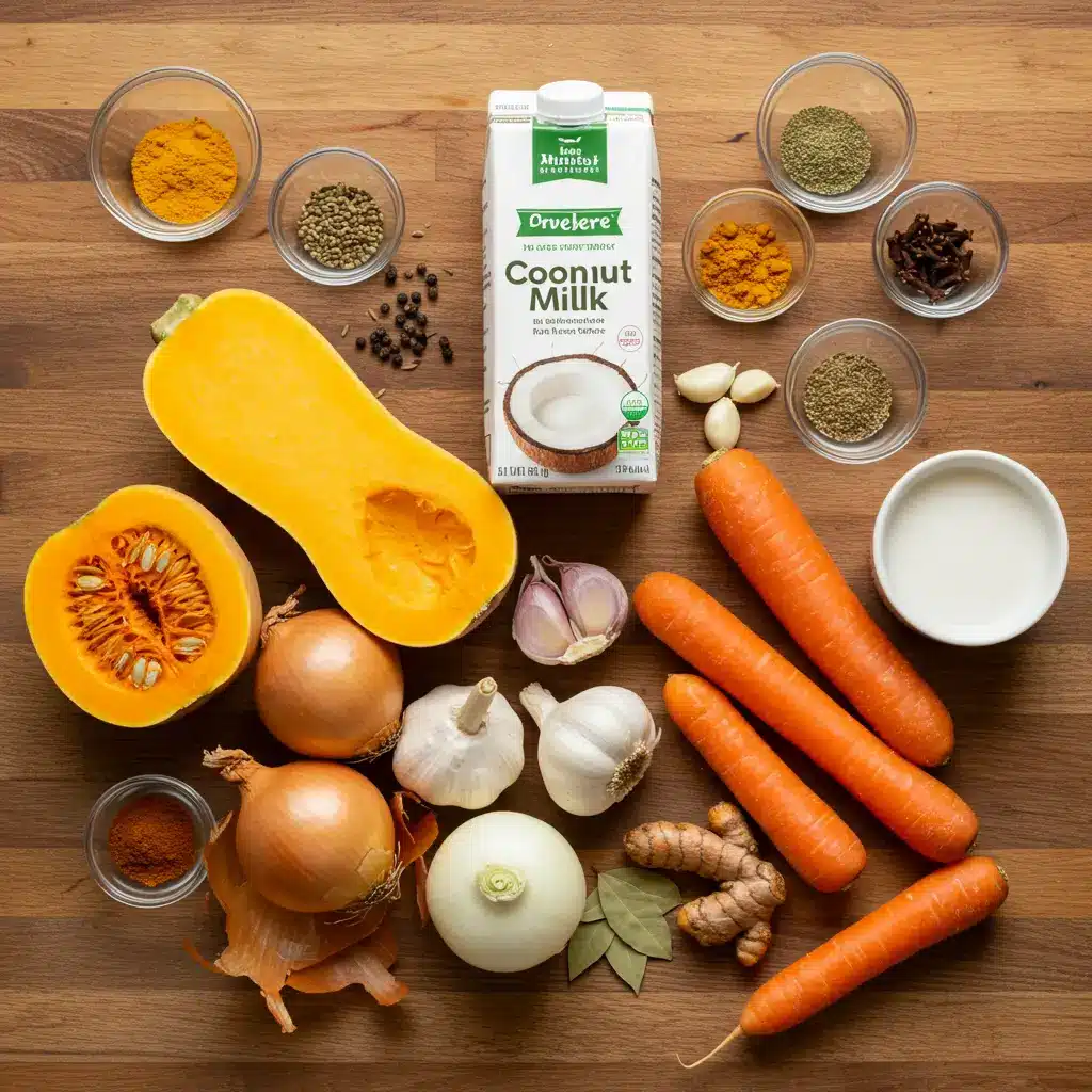 butternut squash soup ingredients on counter