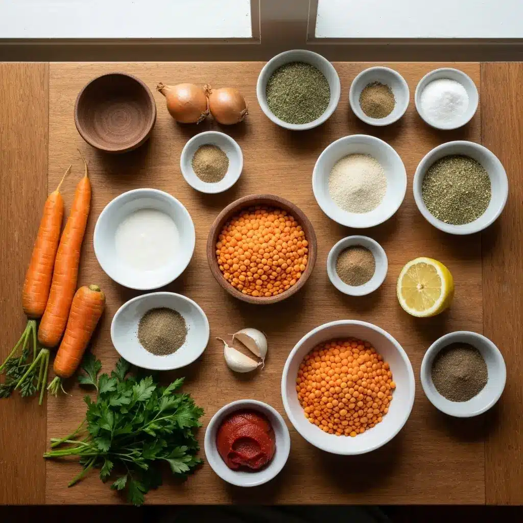 carrot and lentil soup ingredients flat lay