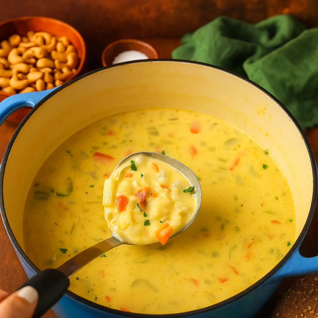 carrot potato soup in a rustic bowl with sourdough