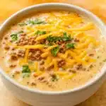 Cheeseburger Soup served with bacon, cheese, and pickles.