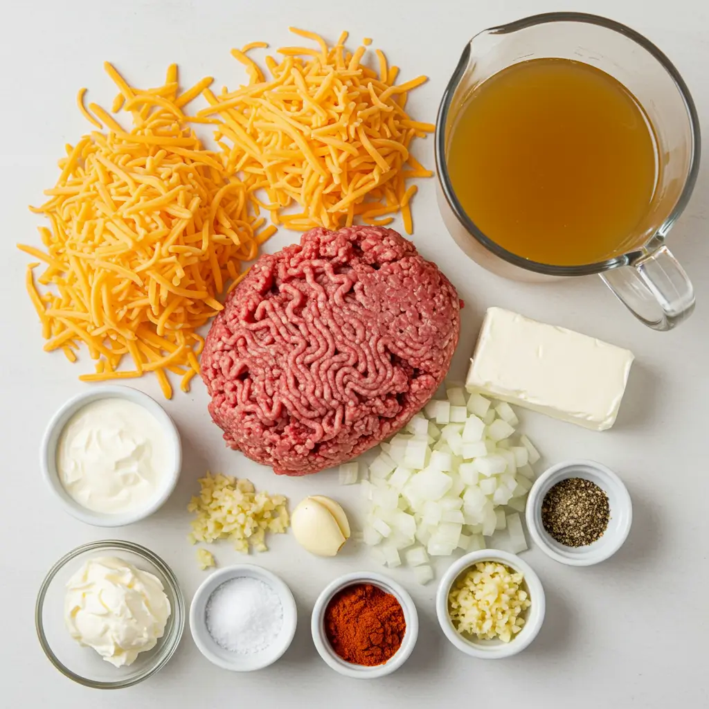 Cheeseburger Soup ingredients laid out on counter.