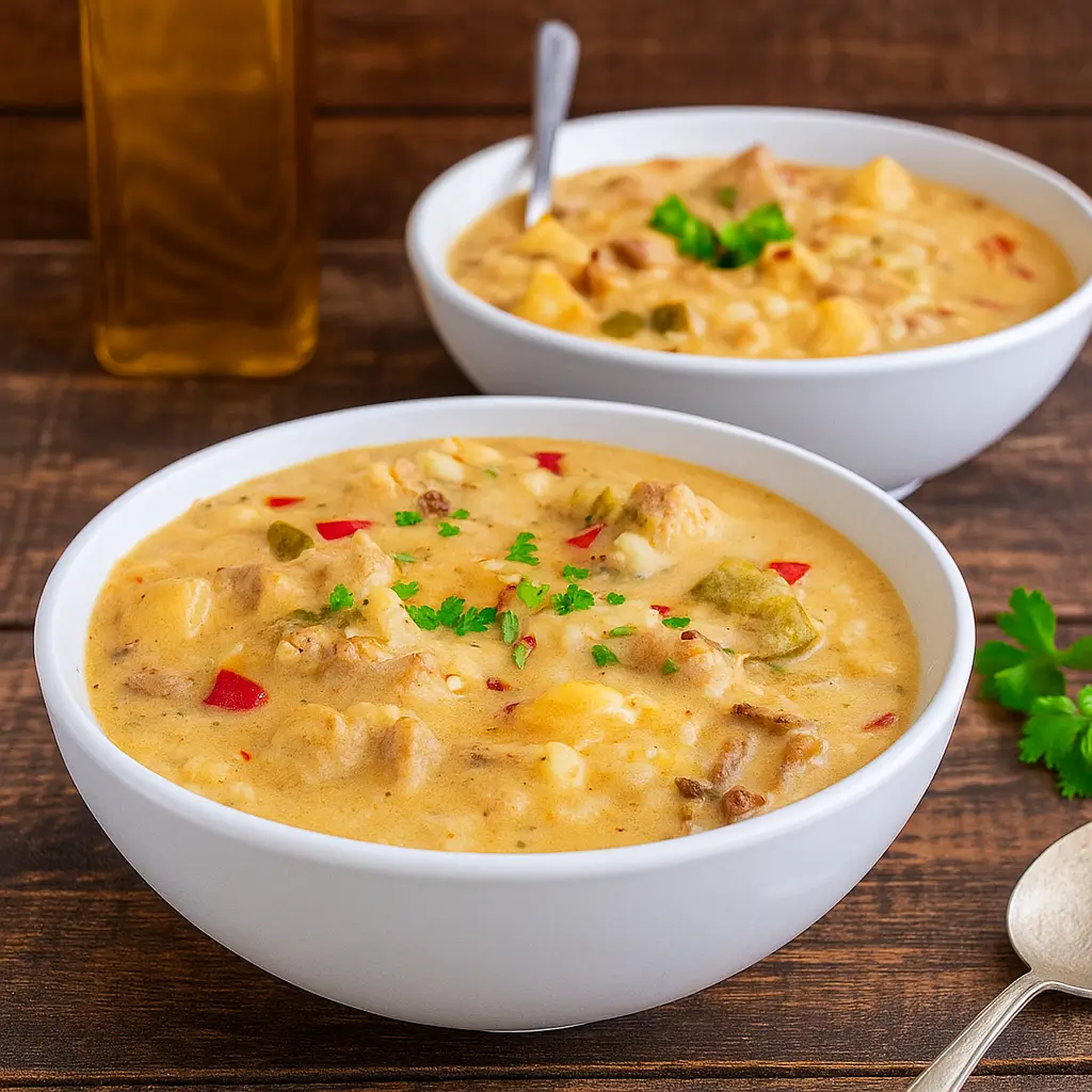 Cheesesteak Potato Soup served with melty cheese and potatoes