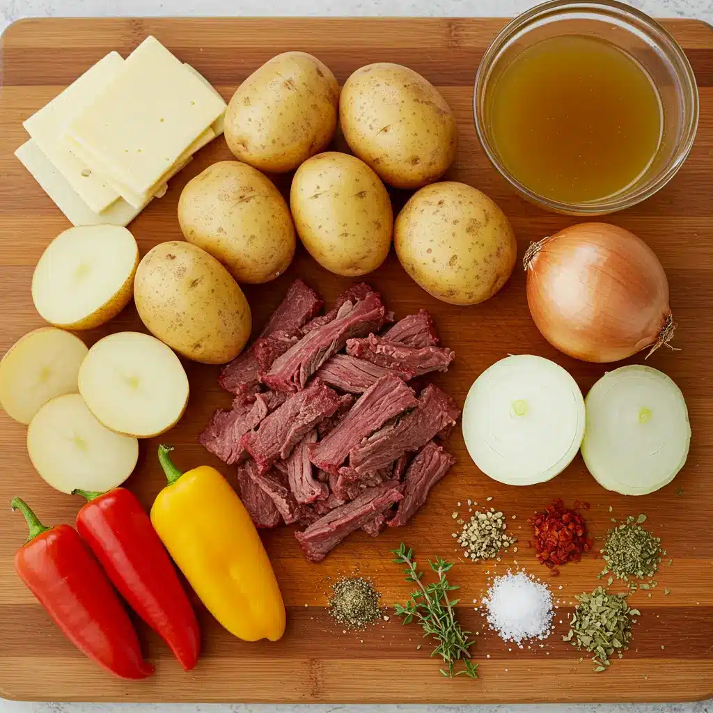 Cheesesteak Potato Soup ingredients displayed on wooden board