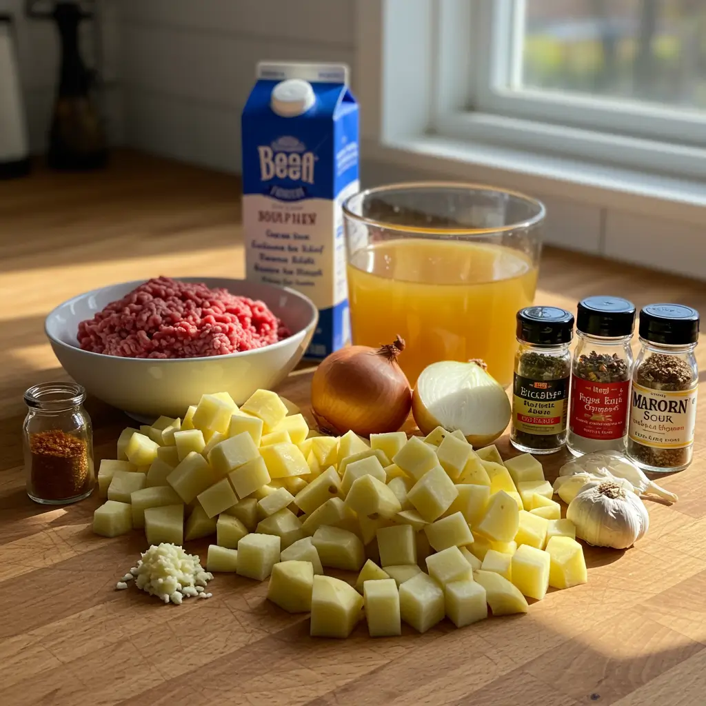 Ingredients for Cheesy Hamburger Potato Soup on counter