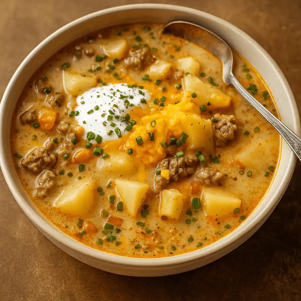 Cheesy Hamburger Potato Soup topped with sour cream, cheddar, and chives