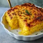 Cheesy Spaghetti Squash Au Gratin baked in a dish with golden topping