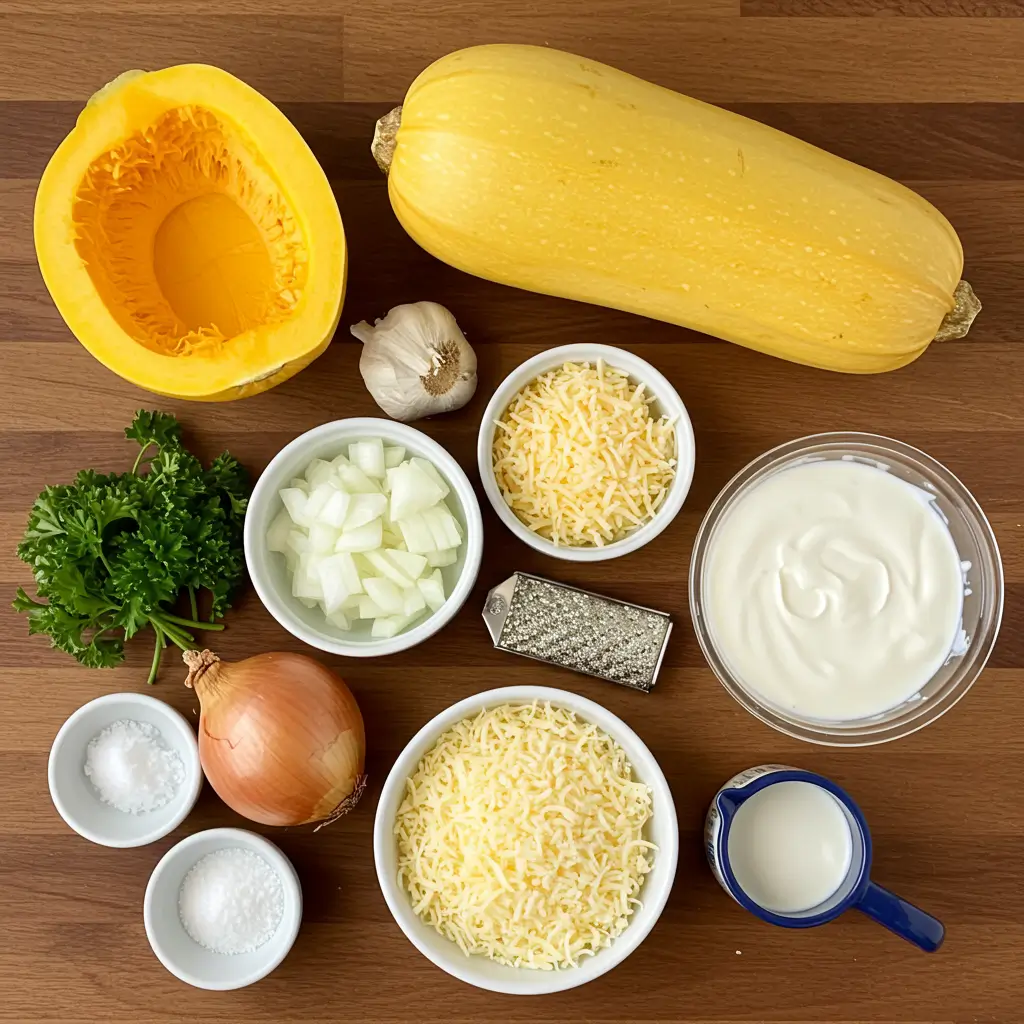 Ingredients for Cheesy Spaghetti Squash Au Gratin on a wooden table