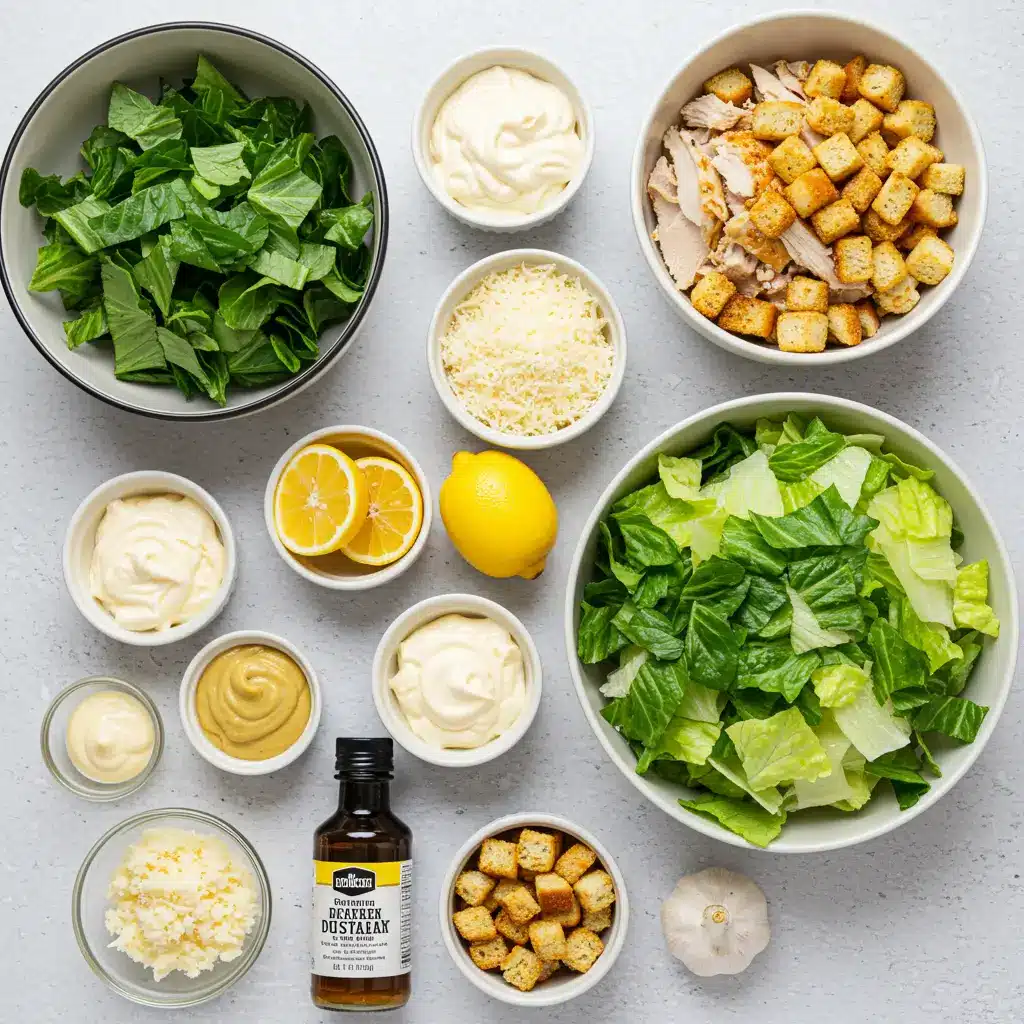Chicken Caesar Pasta Salad ingredients displayed on counter
