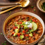 Chicken Fajita Soup with peppers, rice, and toppings.