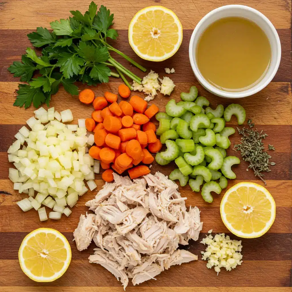 Ingredients for Chicken Orzo Soup arranged on a wooden board.