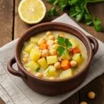 Chickpea Potato Soup in a rustic bowl with potatoes, chickpeas, and herbs