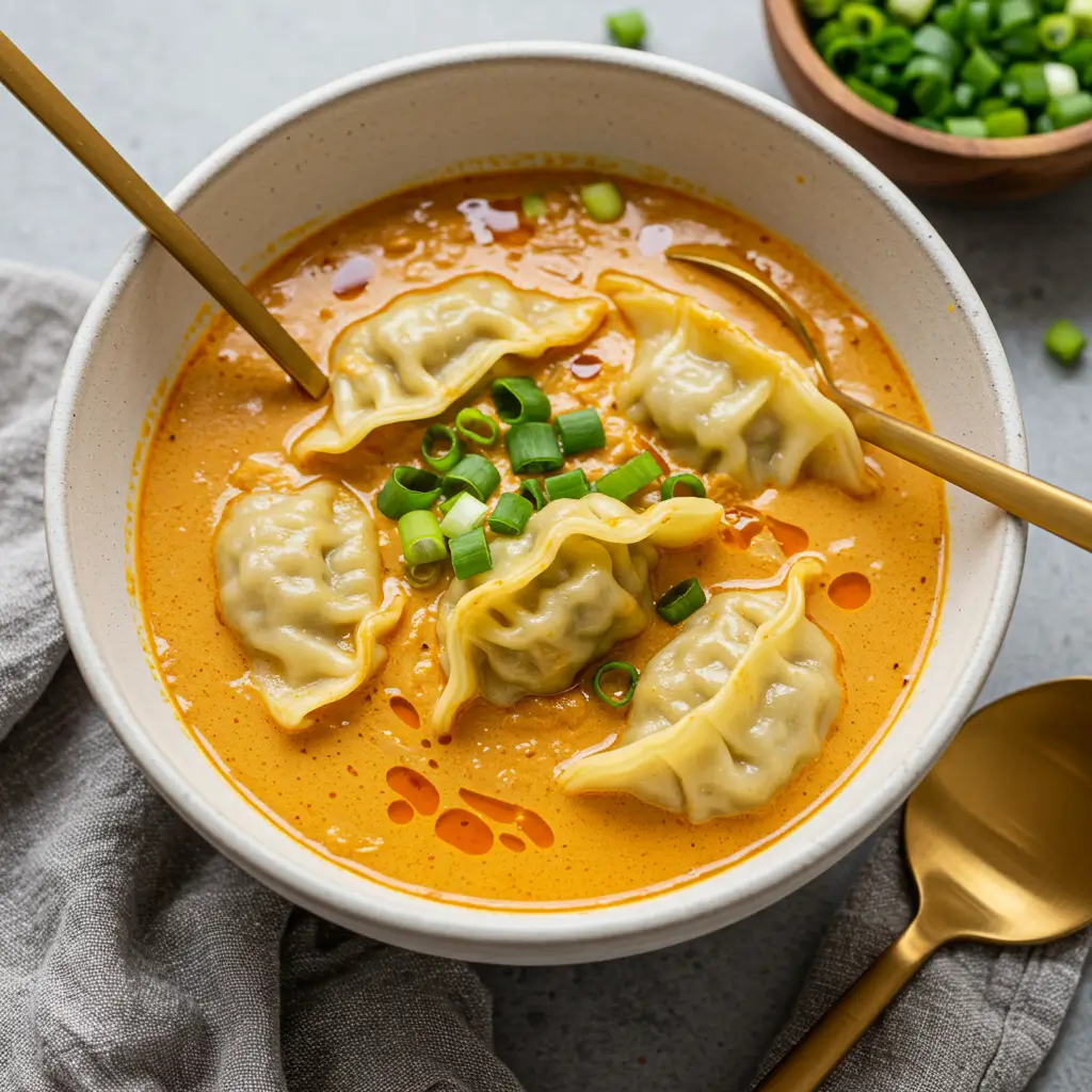 Coconut Curry Soup with Dumplings in creamy coconut curry broth with scallions