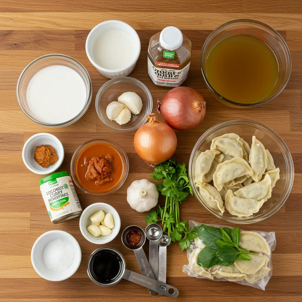 Ingredients for Coconut Curry Soup with Dumplings on a wooden counter