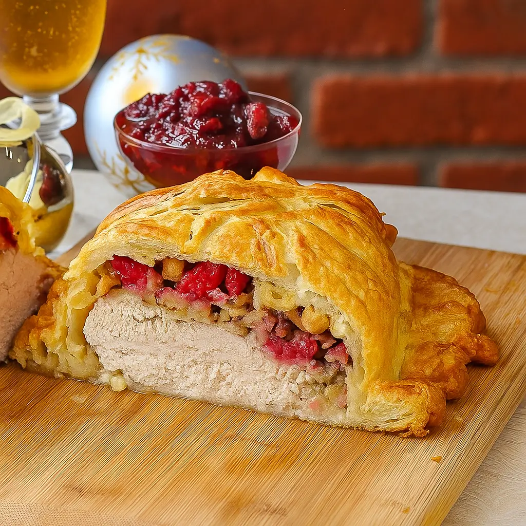 Cranberry Hazelnut Turkey Wellington on holiday table