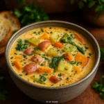 Cream of Spring Vegetable Soup served in a rustic bowl