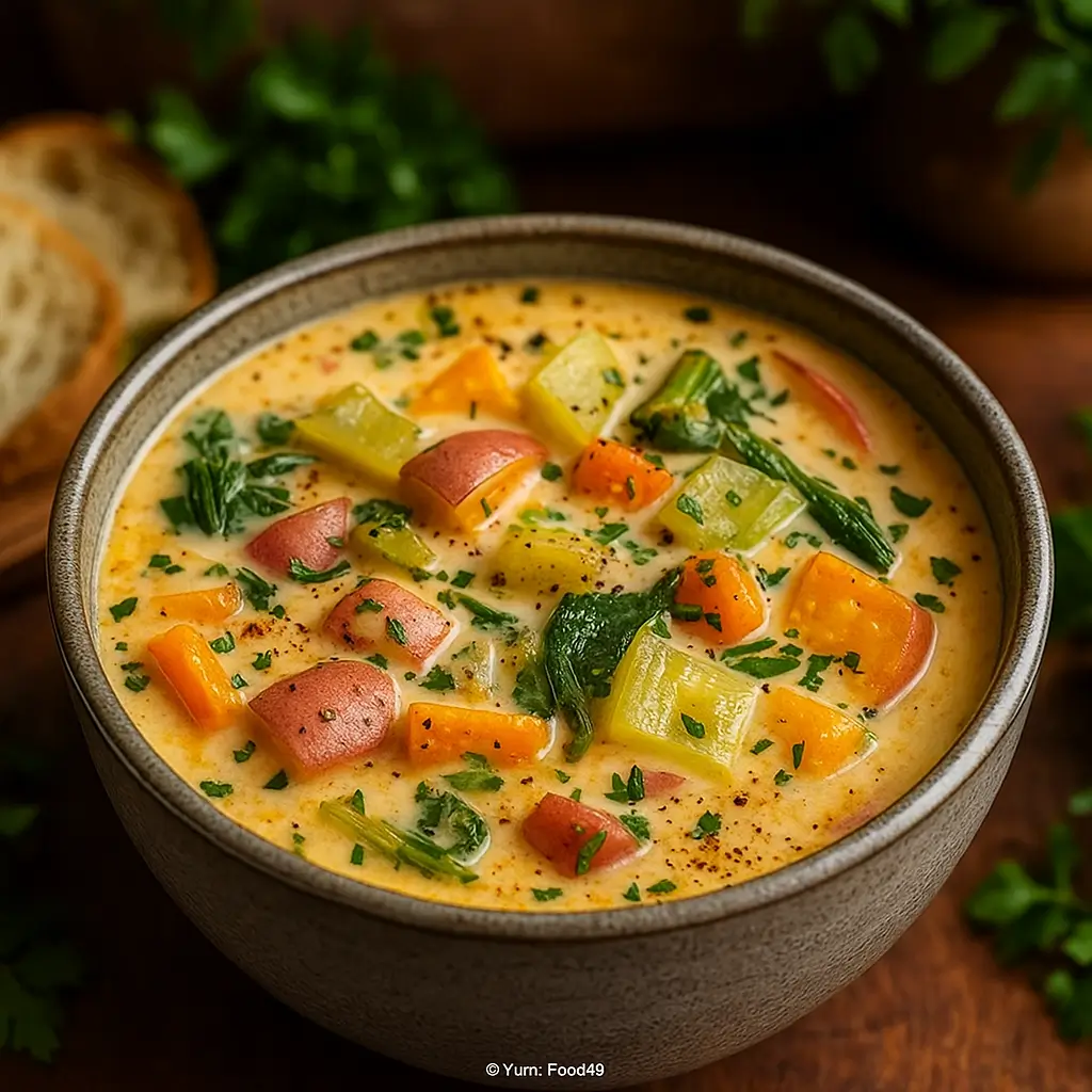 Cream of Spring Vegetable Soup served in a rustic bowl