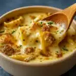 Creamy Alfredo Lasagna Soup in a bowl topped with breadcrumbs and parsley