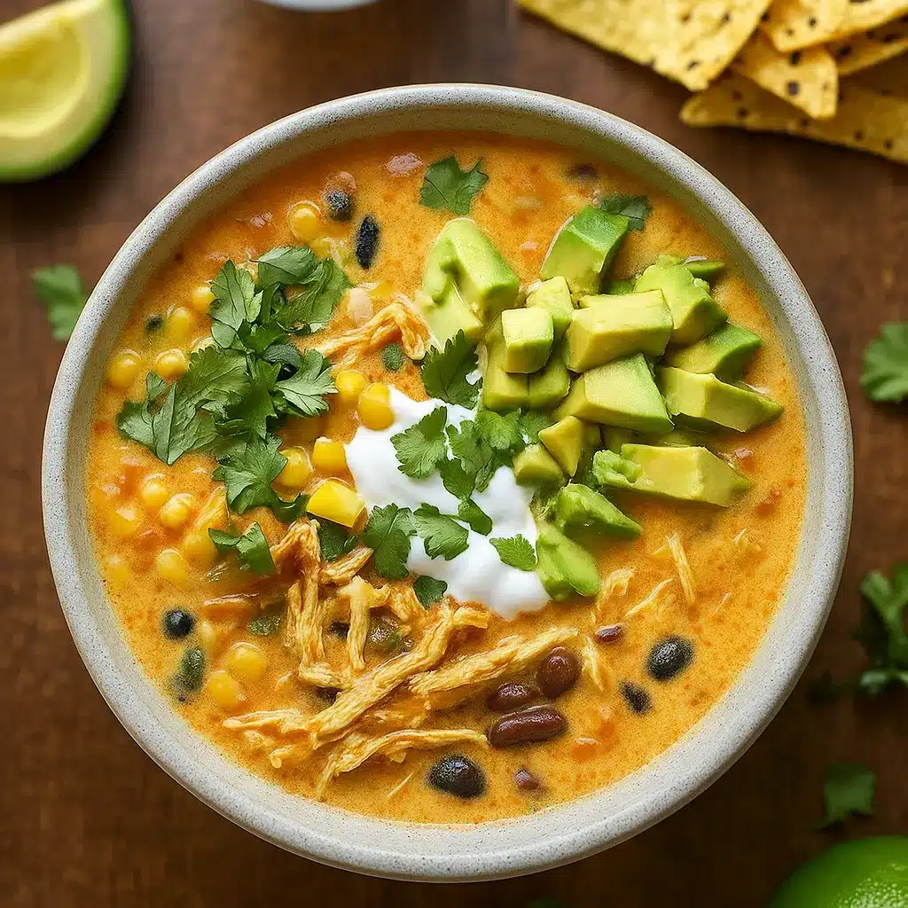 creamy chicken enchilada soup served with toppings