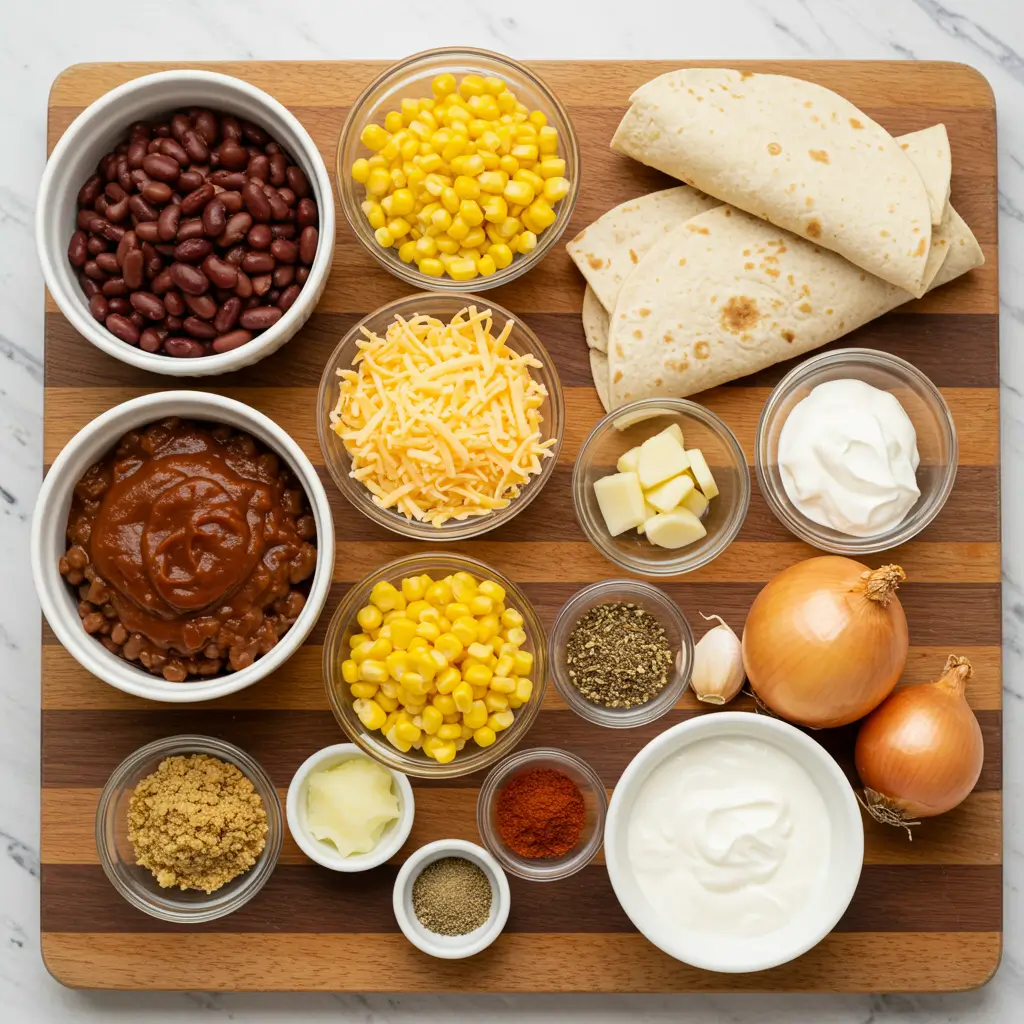 creamy chicken enchilada soup ingredients on a wooden board