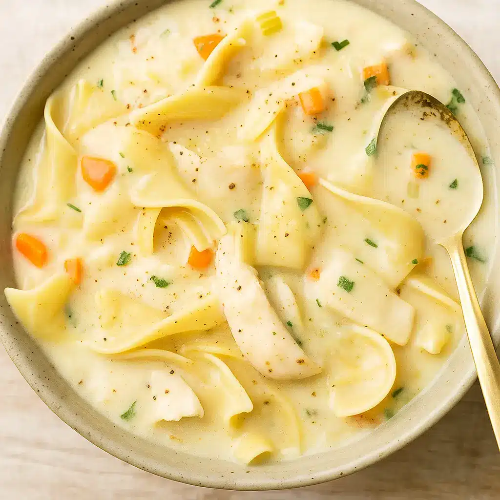 Creamy Chicken Noodle Soup in a rustic kitchen setting
