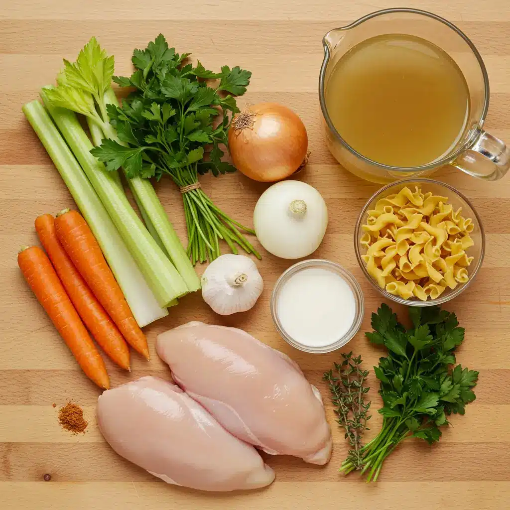 Ingredients for Creamy Chicken Noodle Soup laid out on a wooden surface