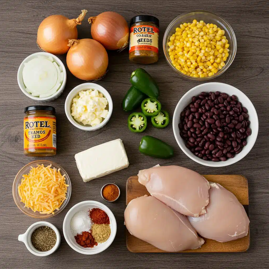 creamy chicken tortilla soup ingredients flat lay