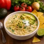 creamy crockpot white chicken chili in bowl with toppings