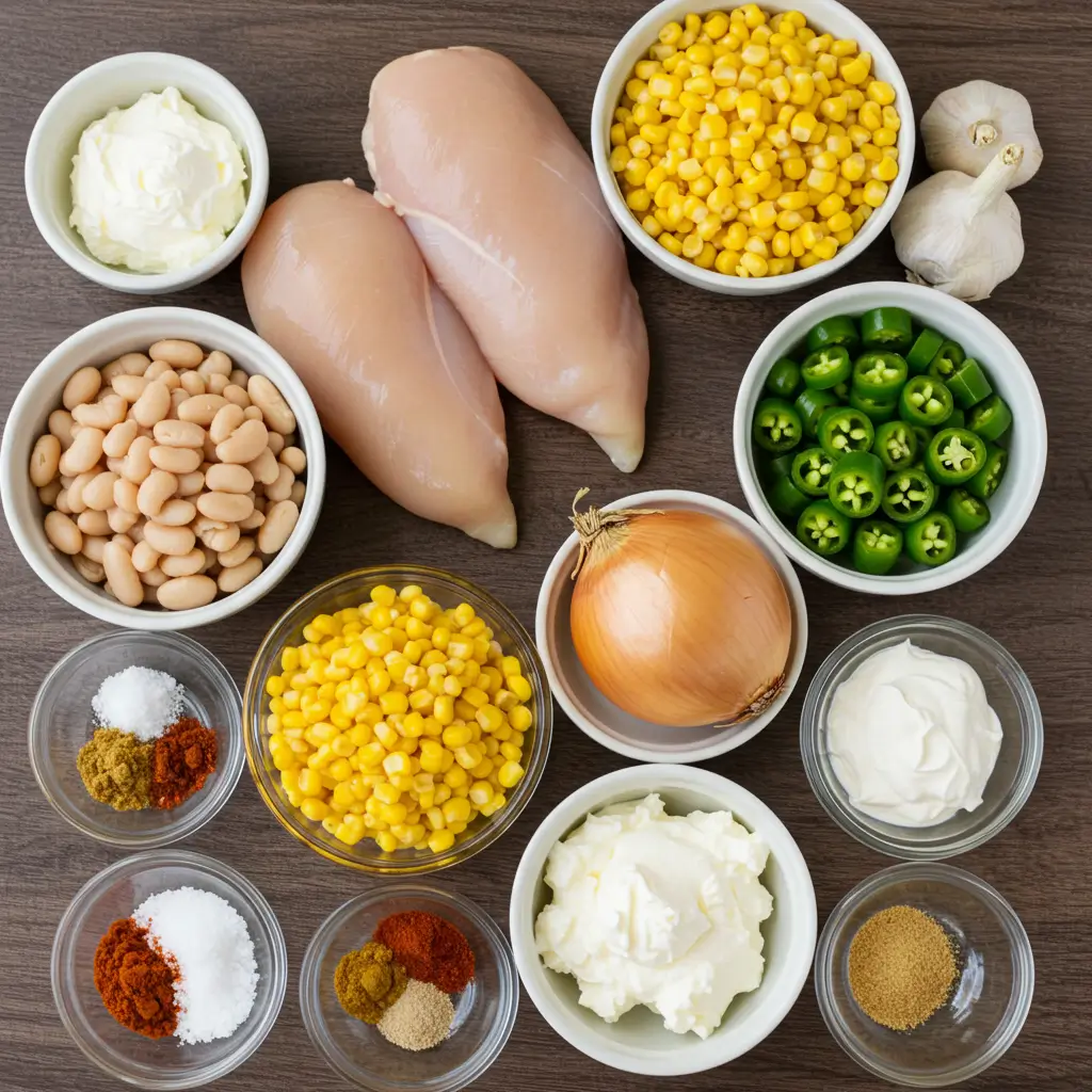 creamy crockpot white chicken chili ingredients laid out