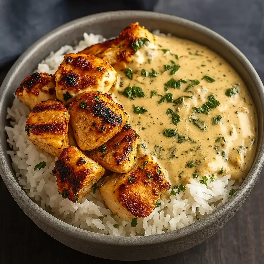 Creamy Garlic Chicken Bowls served with rice, broccoli, and tomatoes