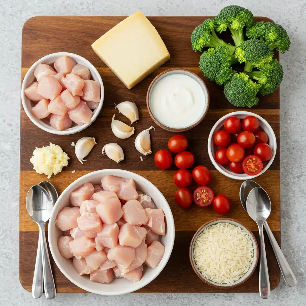 Ingredients for Creamy Garlic Chicken Bowls laid out on a wooden board