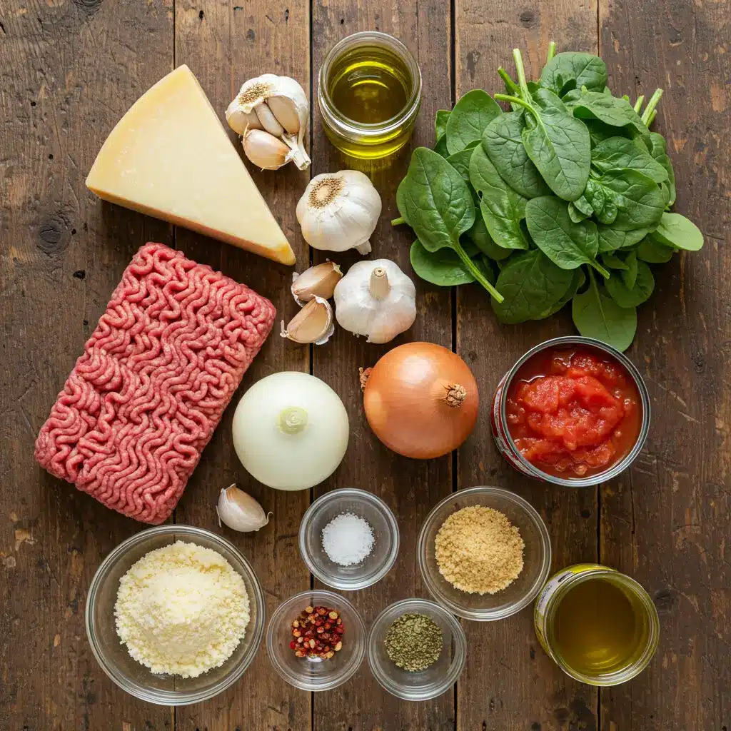 Ingredients for Creamy Italian Meatball Soup to Warm Your Soul on a wooden table