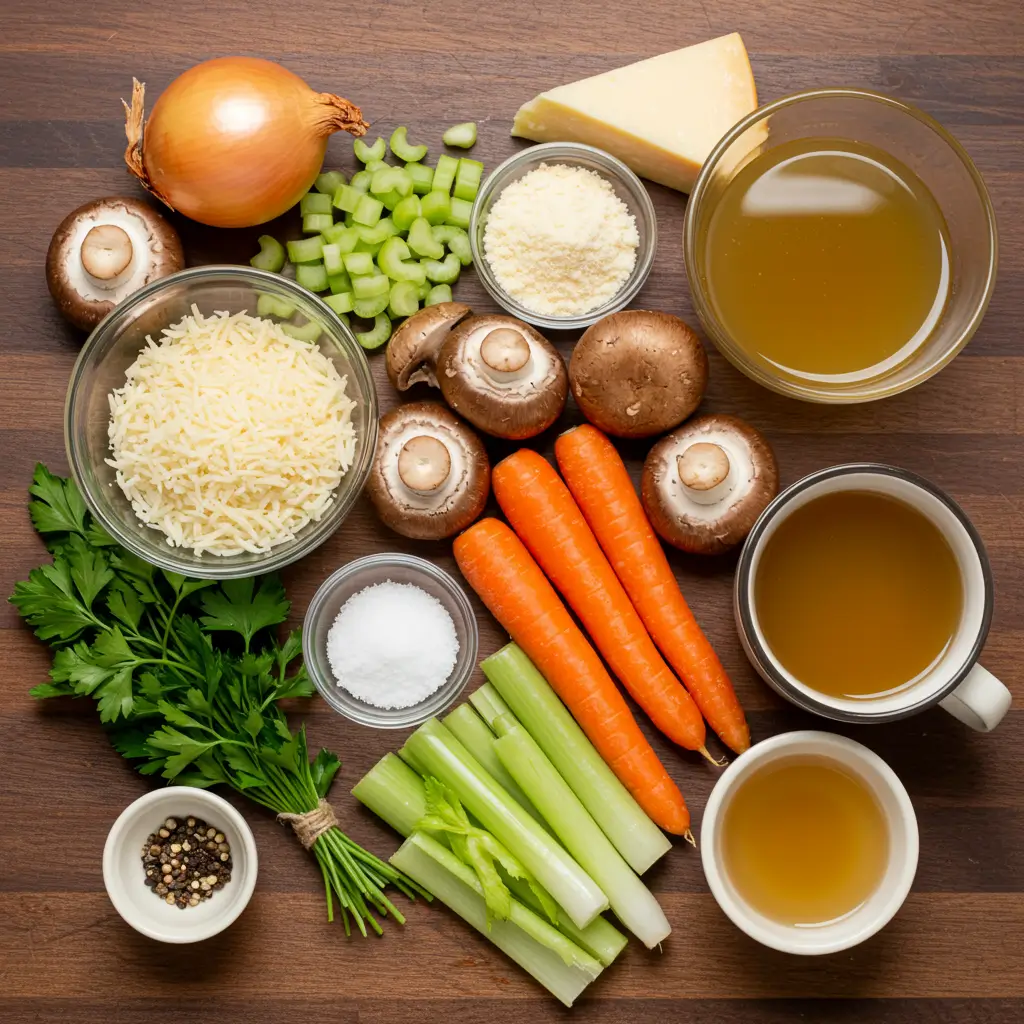 ingredients for creamy mushroom chicken and wild rice soup on wooden table