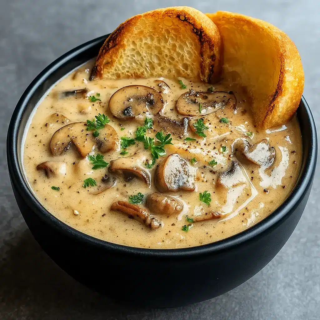 Creamy Mushroom Soup Recipe in a rustic bowl
