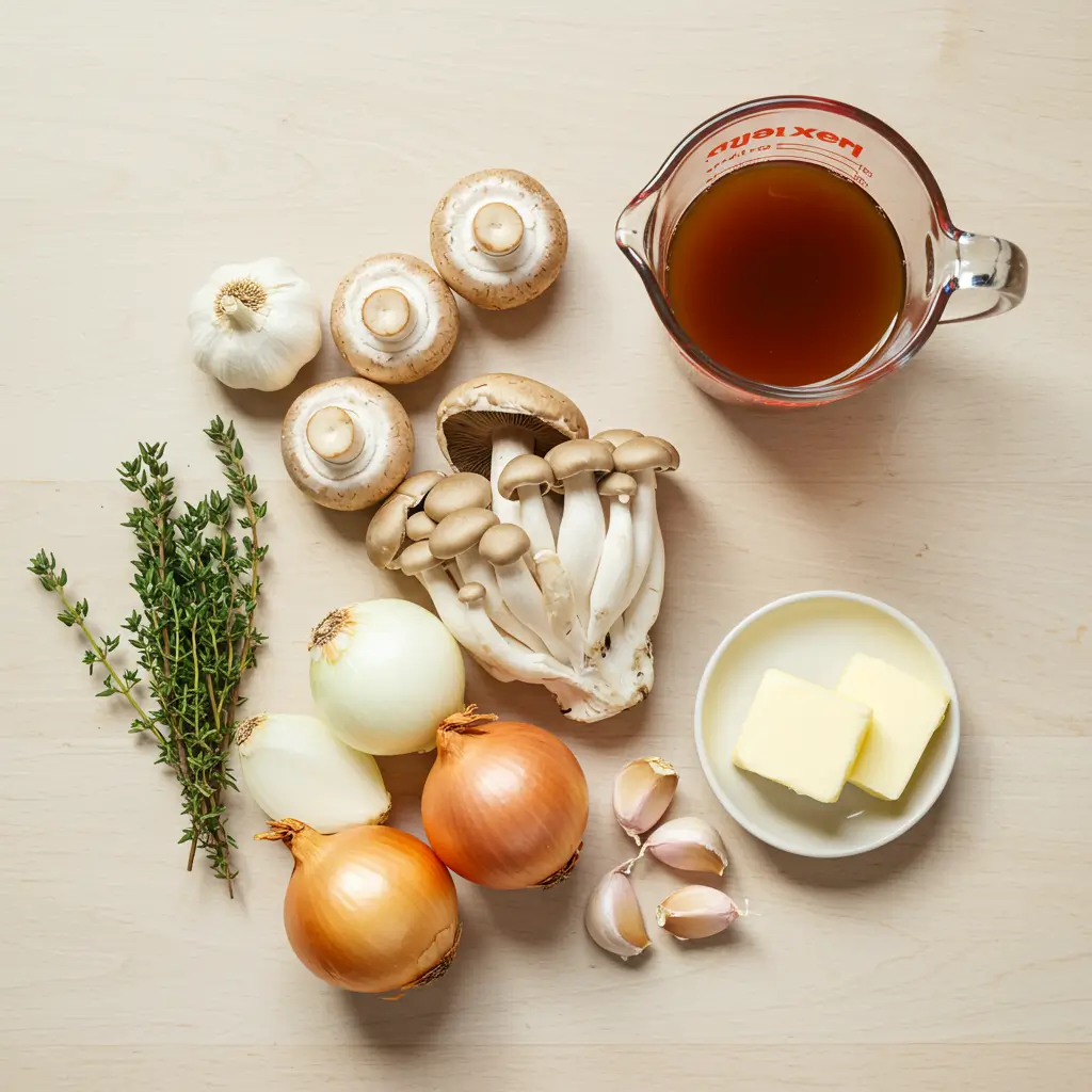 Creamy Mushroom Soup Recipe ingredients laid out on counter