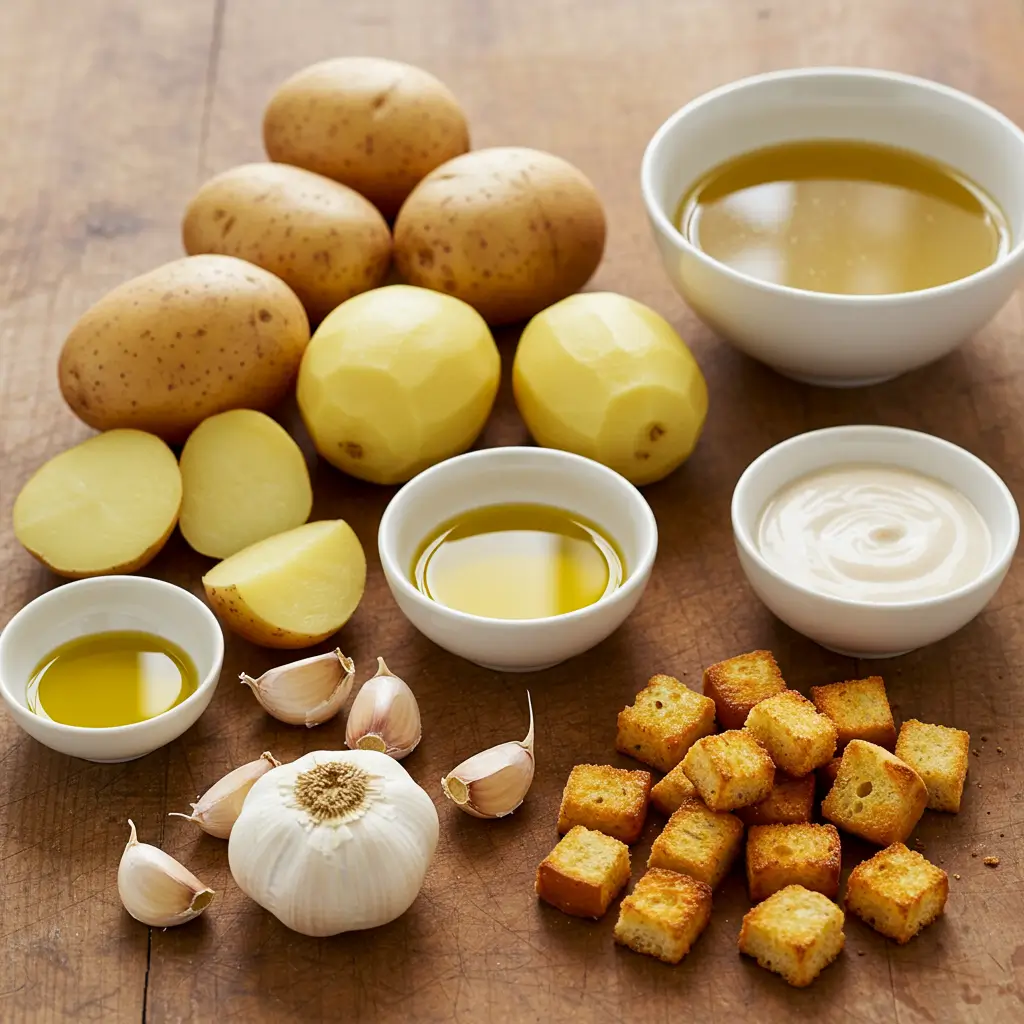Creamy Roasted Garlic Potato Soup with golden croutons
