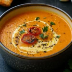 creamy roasted garlic tomato soup in a bowl with basil garnish