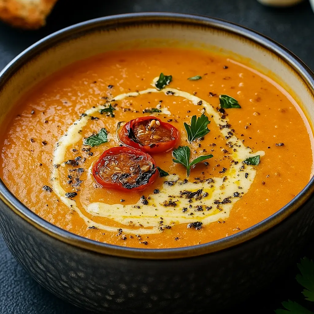 creamy roasted garlic tomato soup in a bowl with basil garnish