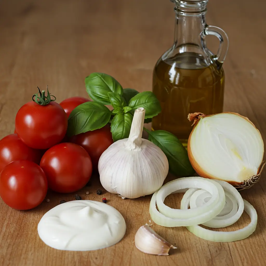 ingredients for creamy roasted garlic tomato soup with fresh produce