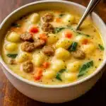 Creamy Sausage Gnocchi Soup in a rustic bowl
