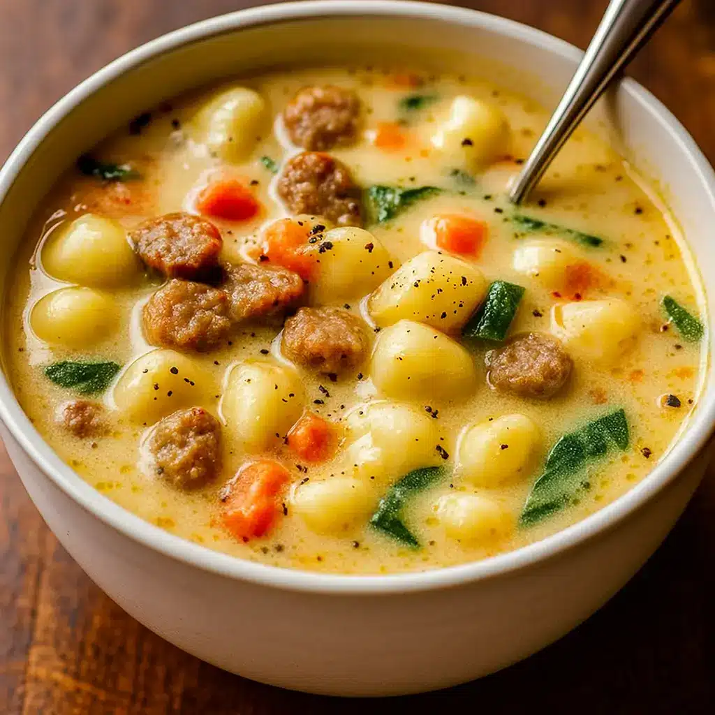 Creamy Sausage Gnocchi Soup in a rustic bowl