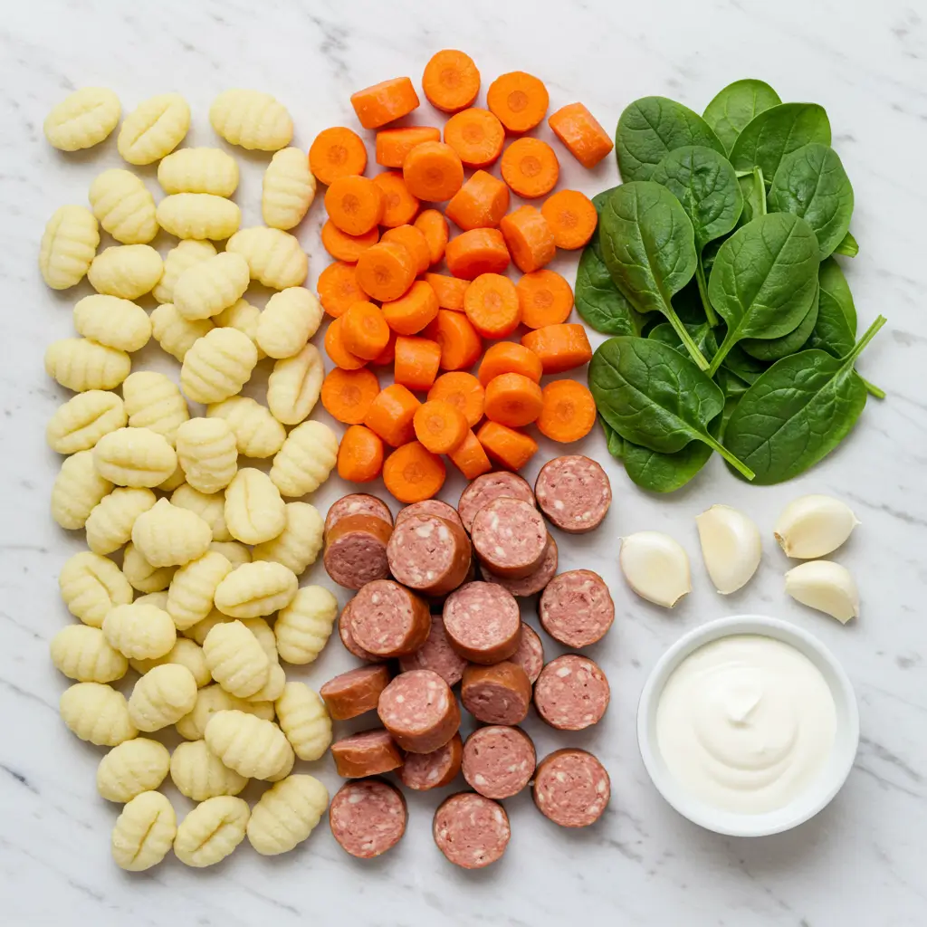 Ingredients for Creamy Sausage Gnocchi Soup laid out on counter
